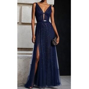 Fehaute Women's Navy Mesh Hotfix Embellished V Neck Sheath Maxi Dress